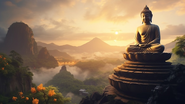 Buddha statue with nature landscape