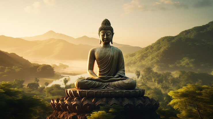 Free Photo buddha statue with nature landscape