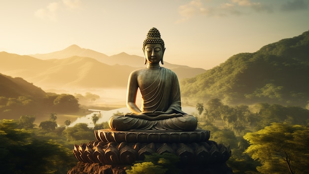 Buddha statue with nature landscape