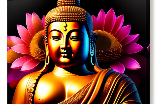 분홍색 꽃이 뒤에 있는 부처님 동상