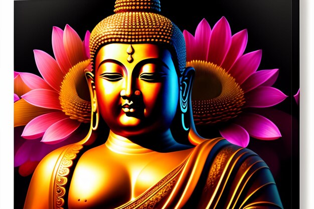 Статуя Будды с розовым цветком за ней