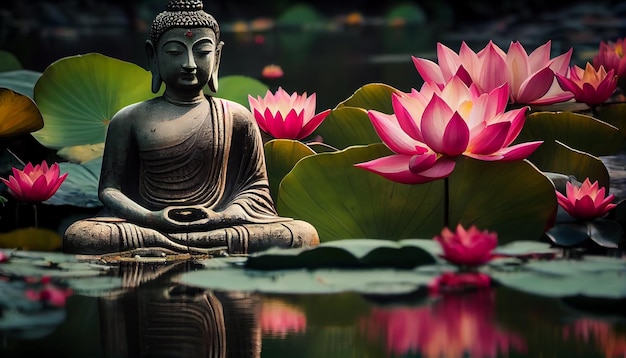 Buddhist meditates by lotus pond tranquil harmony generative AI