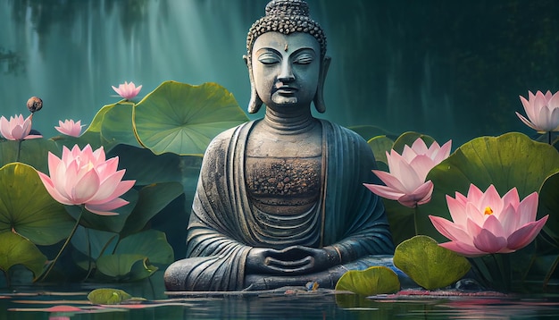 Буддист медитирует в спокойном пруду в окружении искусственного интеллекта, создающего лотосы