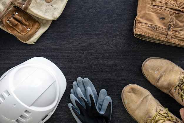 Foto gratuita builder vestiti uniforme del lavoratore su fondo di legno piatto lay