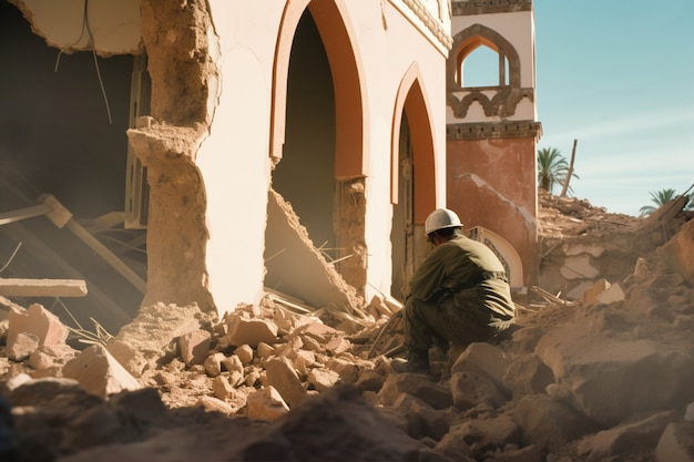 Foto gratuita costruttore in una città distrutta dopo il terremoto