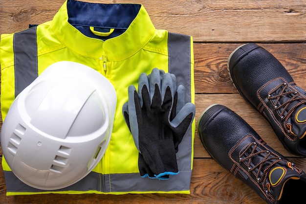 Builder uniform on wooden background flat lay