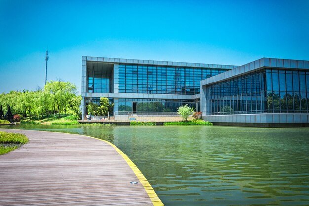 Building and lake