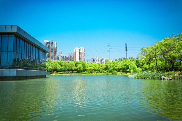 Building and lake