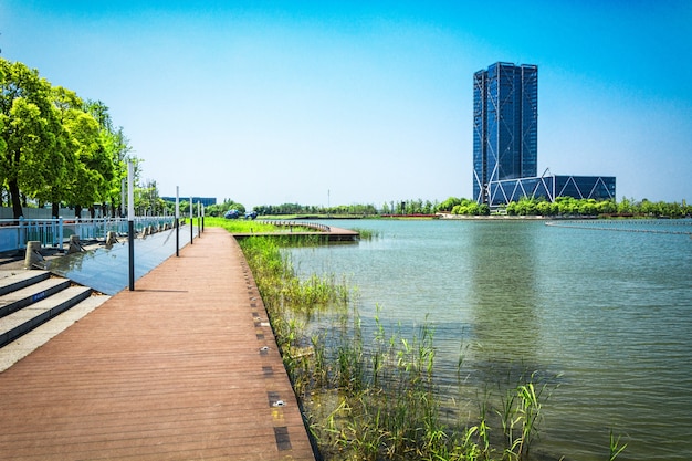 Building and lake