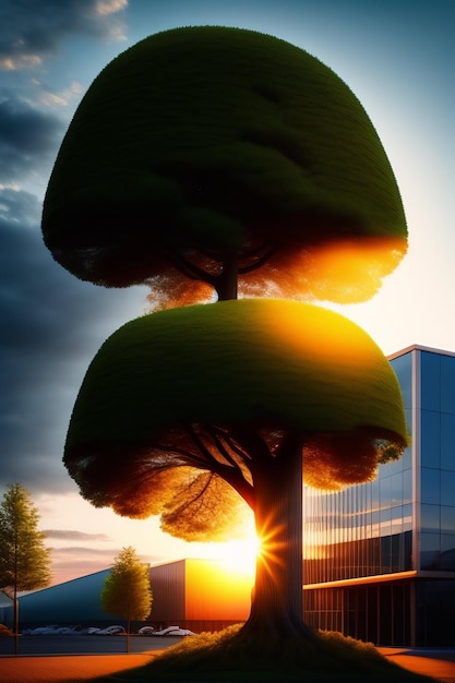 Un edificio con sopra un albero