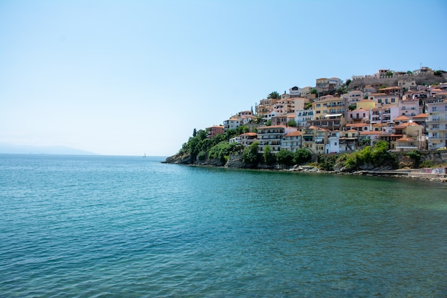 Buildings of the city of Kavala, Greece surrounded by the water
