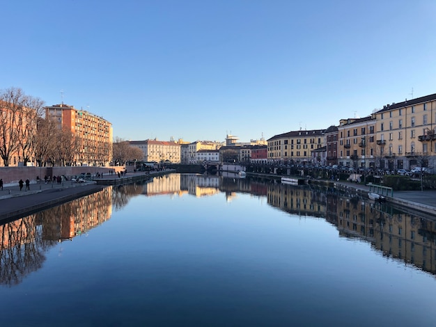 Buildings near the river, Darsena town in Milan, Italy.