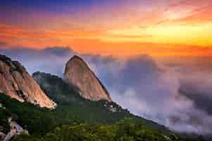 Foto gratuita le montagne di bukhansan sono coperte dalla nebbia mattutina e dall'alba a seoul, in corea