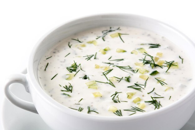 흰색 배경에 고립 된 그릇에 불가리아 tarator 신 우유 수프