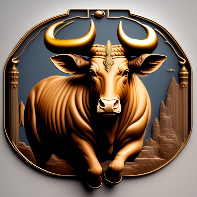 A bull with a gold crown and a blue background.