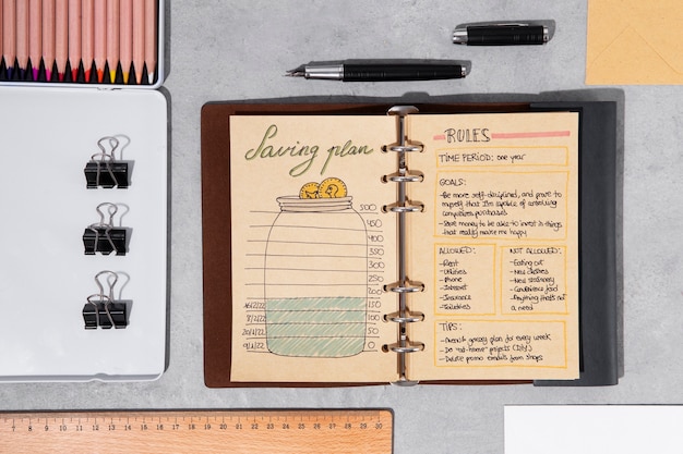 Foto gratuita bullet journal e graffette vista dall'alto