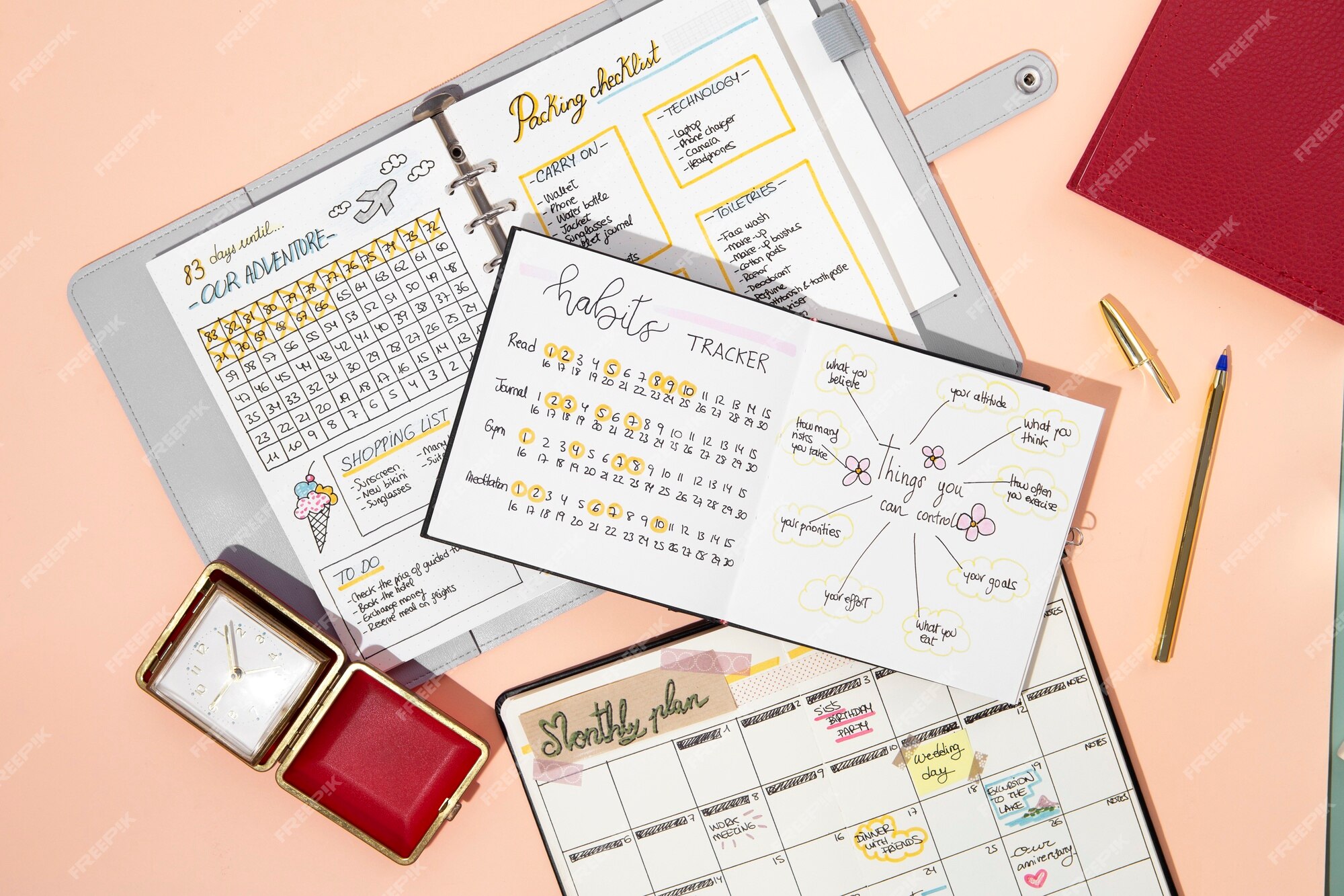 Free Photo  Bullet journal and paper clips top view