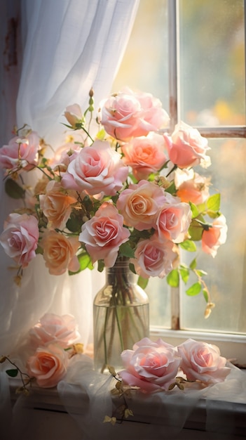 Bunch of beautiful blooming roses in vase