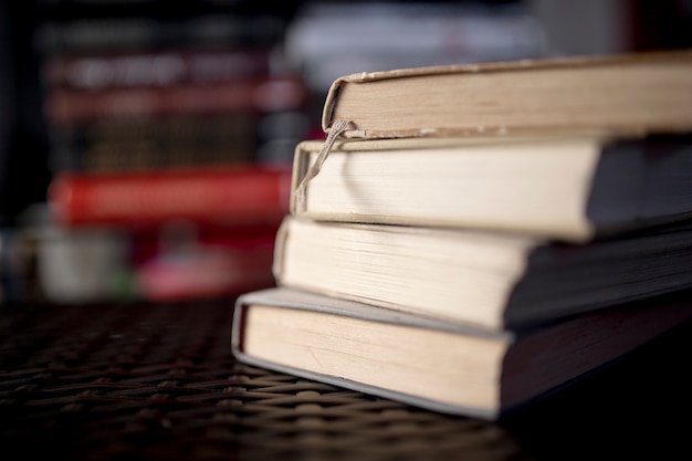 Bunch of books on plastic tabletop