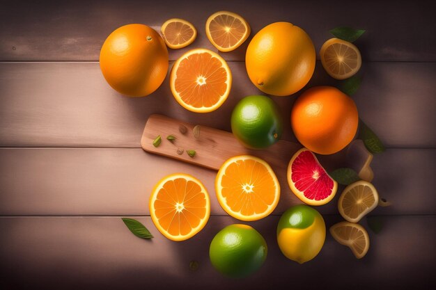 A bunch of citrus fruits on a wooden table