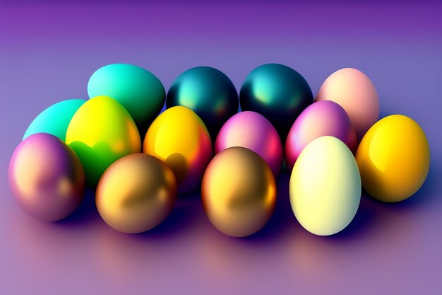 Куча красочных пасхальных яиц на фиолетовом фоне