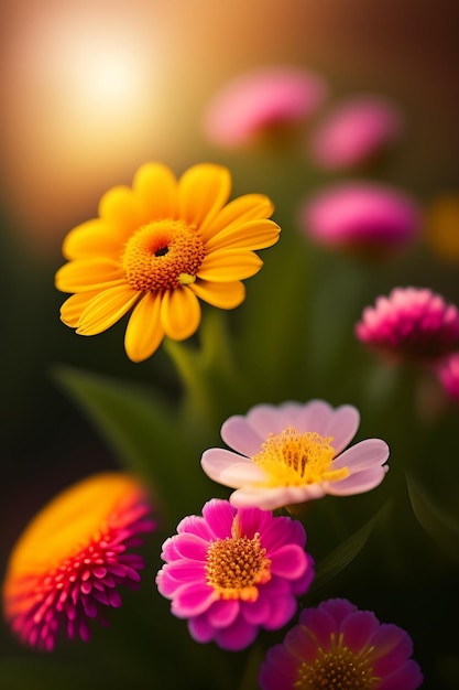 A bunch of flowers with a pink and yellow background