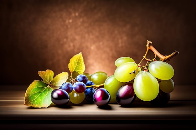 A bunch of grapes with green leaves on a wooden table