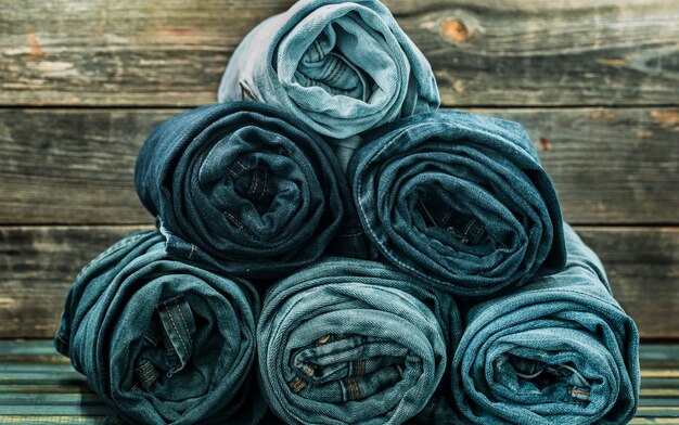 bunch of jeans twisted on a wooden wall, fashionable clothes