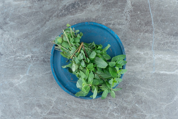 Foto gratuita un mazzetto di menta sul piatto di legno, sul tavolo di marmo.