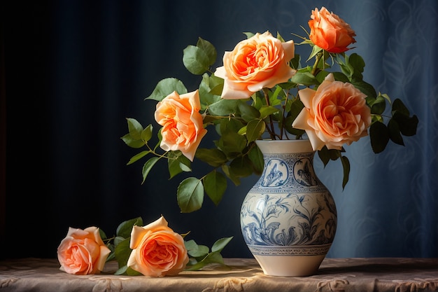 Бесплатное фото Букет красивых цветущих роз в вазе
