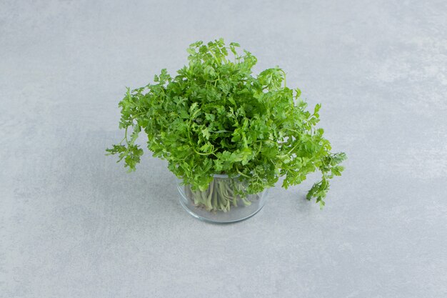 A bunch parsley in the glass , on the marble background.