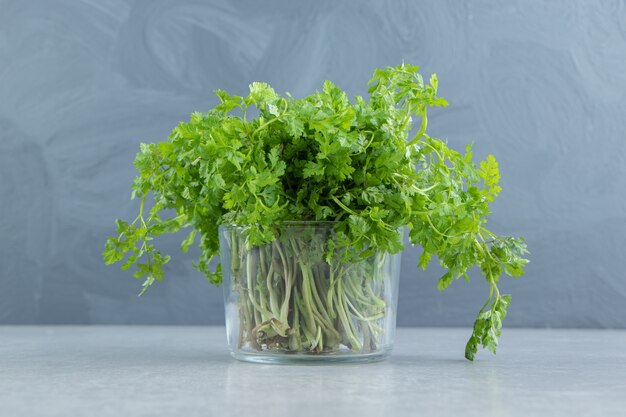 A bunch parsley in the glass , on the marble.