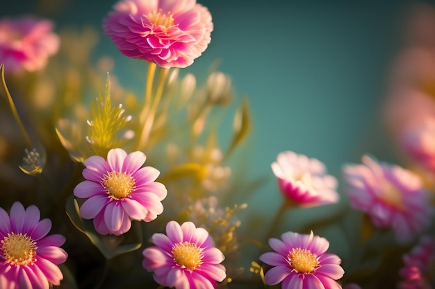 太陽の光を浴びたピンク色の花の束