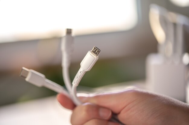 A bunch of plugs for different types of charging connectors in white. Diverse plugs in hand close-up.