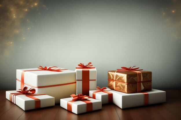 A bunch of presents are on a wooden floor with a light background