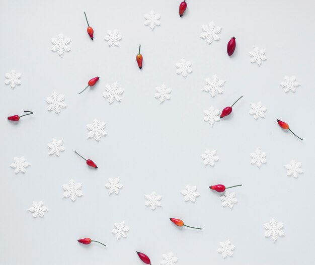 赤い果実と偽の雪片の束