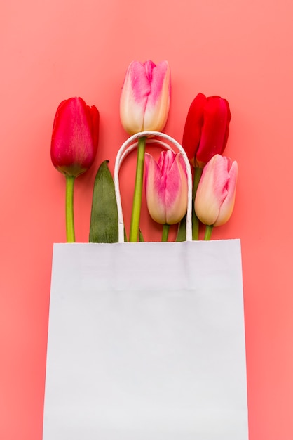 Bunch of various tulips in paper bag