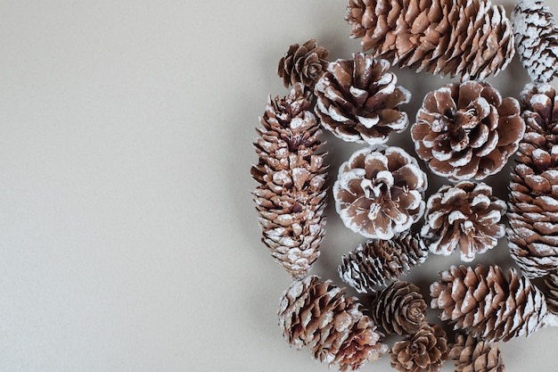 Free photo bunch of wood pinecones on gray surface