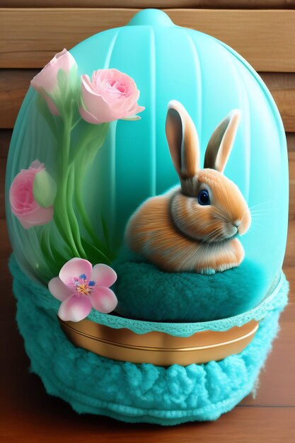 Free photo a bunny in a blue egg with pink flowers