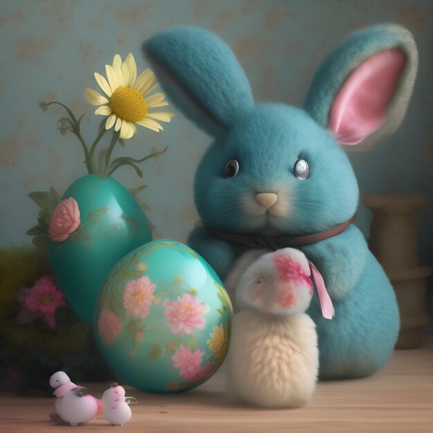 A bunny and a bunny are sitting next to a green easter egg.