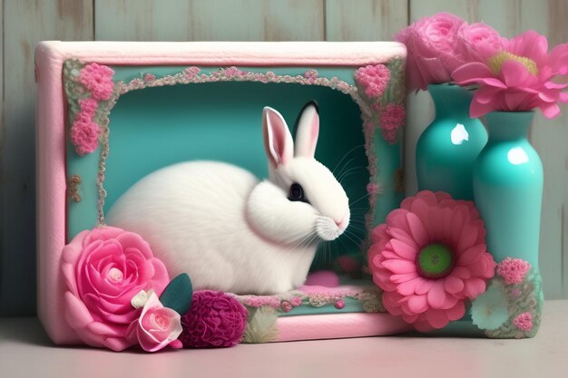 A bunny in a pink box with a vase of flowers