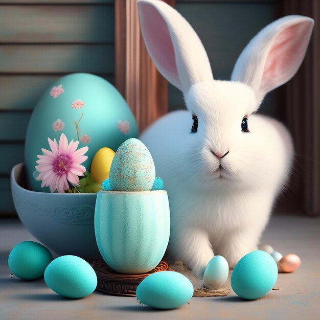 A bunny sits next to a bowl of eggs and a bowl of easter eggs.