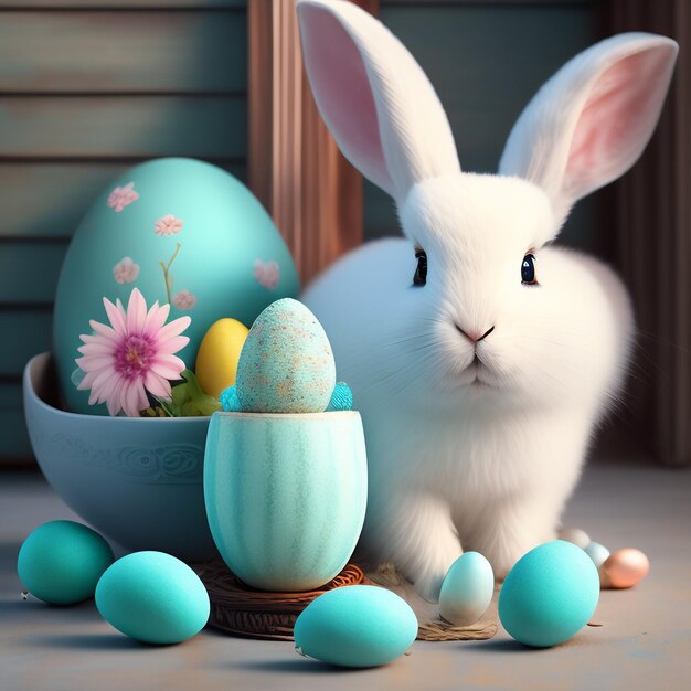 卵の入ったボウルとイースターエッグの入ったボウルの隣にウサギが座っています。