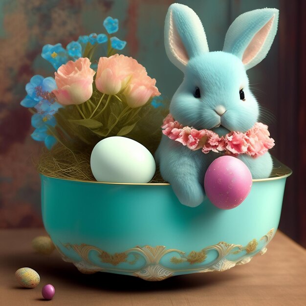 A bunny sits in a bowl with a pink bow and a blue and white flower.