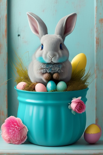 A bunny sits in a flower pot with painted eggs.