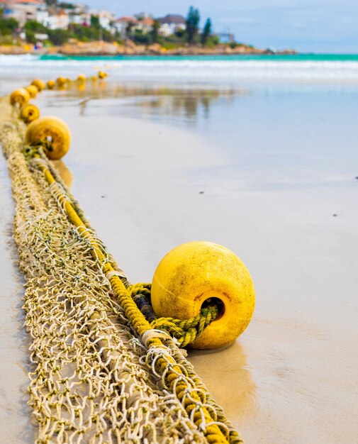 Buoys on a rope stretching from wet sandy coast to the ocean in Cape Town, South Africa