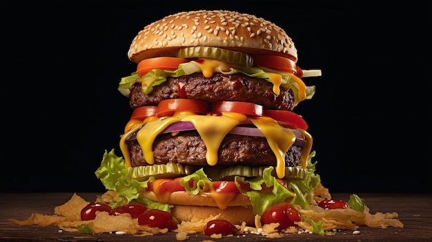 A burger stacked high with juicy patties fresh vegetables and melted cheese Generative Ai