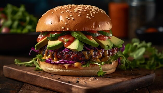 A burger with avocado, tomato, and avocado on a wooden board.