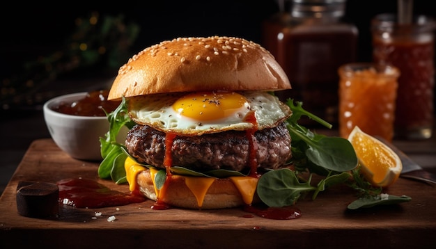 Free photo a burger with an egg on it and a side of ketchup