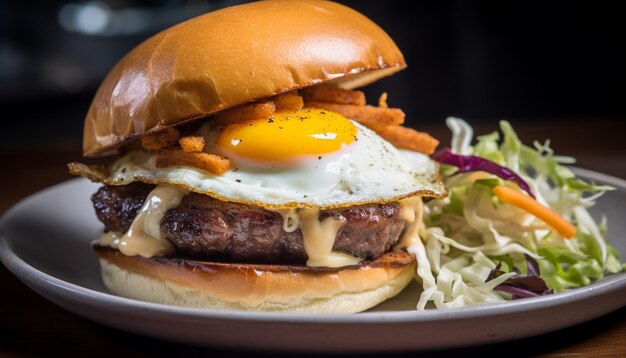 Free photo a burger with an egg on top sits on a plate with a salad.